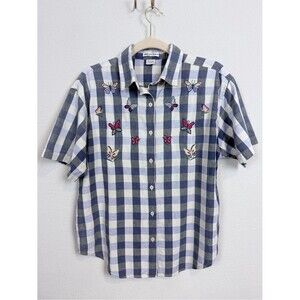 Vintage Maggie & Max Blue Gingham Button-Down Embroidered Butterflies Shirt L